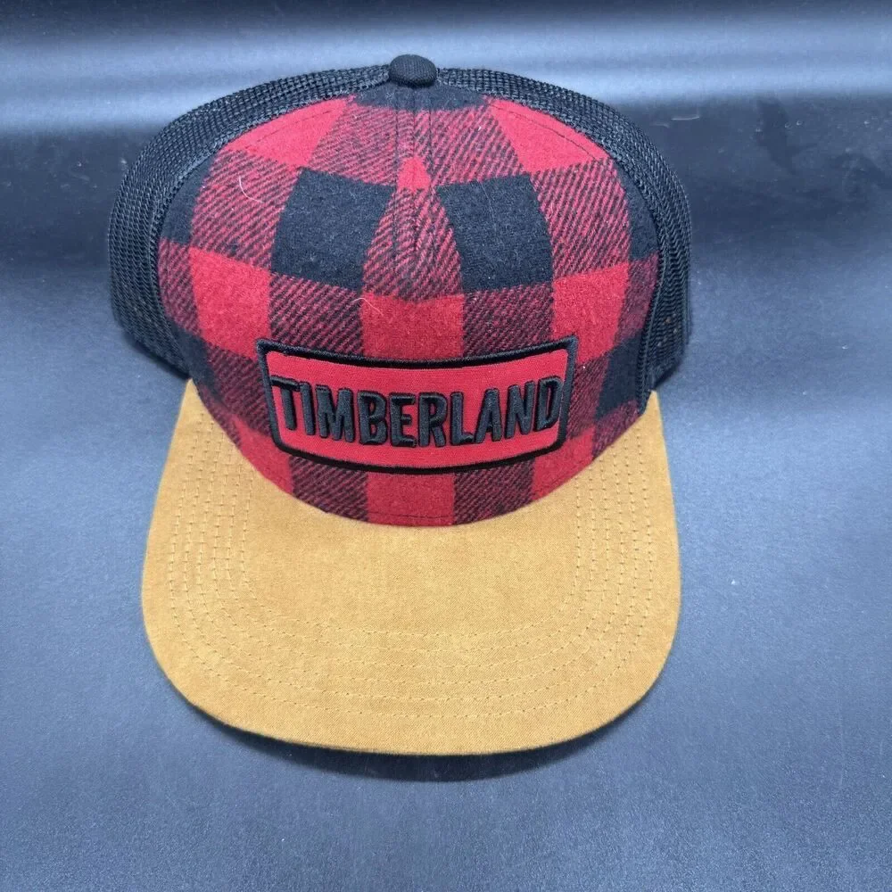 Timberland Faux Leather Red Flannel Baseball Cap Hat Adjustable One Size EUC